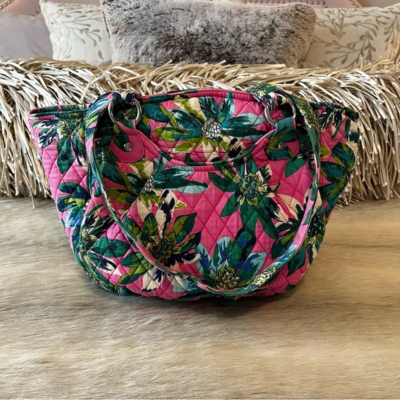 VERA BRADLEY Tropical Paradise Glenna Satchel Bag Pink Green Floral Zip Top - Picture 1 of 11